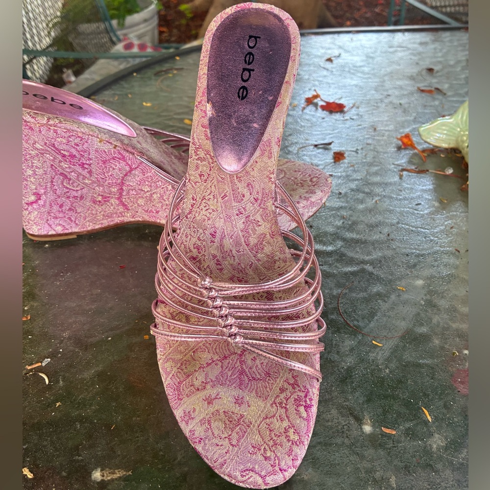 Vintage Bebe Metallic Pink and Asian Satin Wedge Sandals - Picture 3 of 8